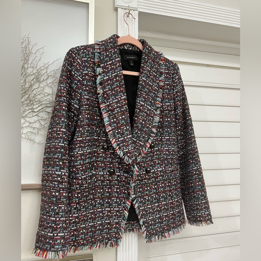 Multi-Color Tweed Fringe Blazer Jacket - Women's
